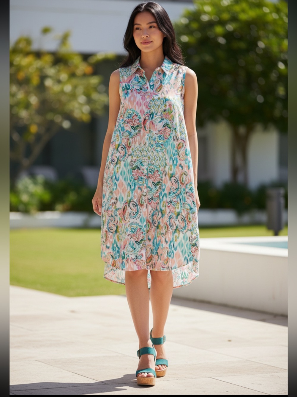 Spense Pastel Paisley Sleeveless Shirtdress - Pink, Blue, Cream